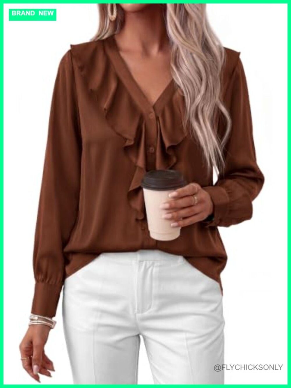 Womens Satin Ruffle V-Neck Button Down Long Sleeve Blouse Top
